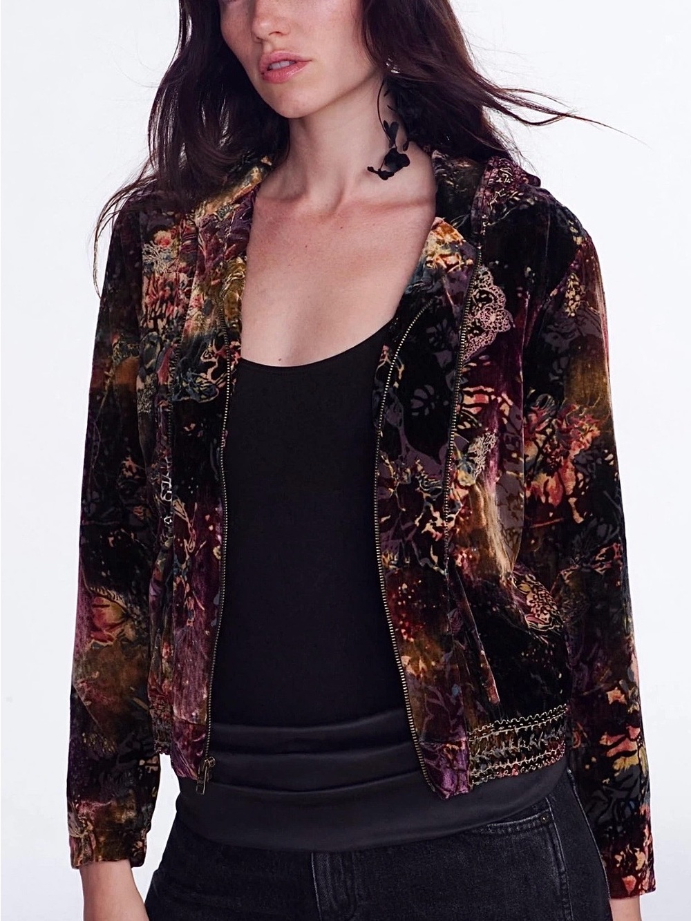Chico's Velvet Floral Patchwork Bomber Jacket in Jewel Tones